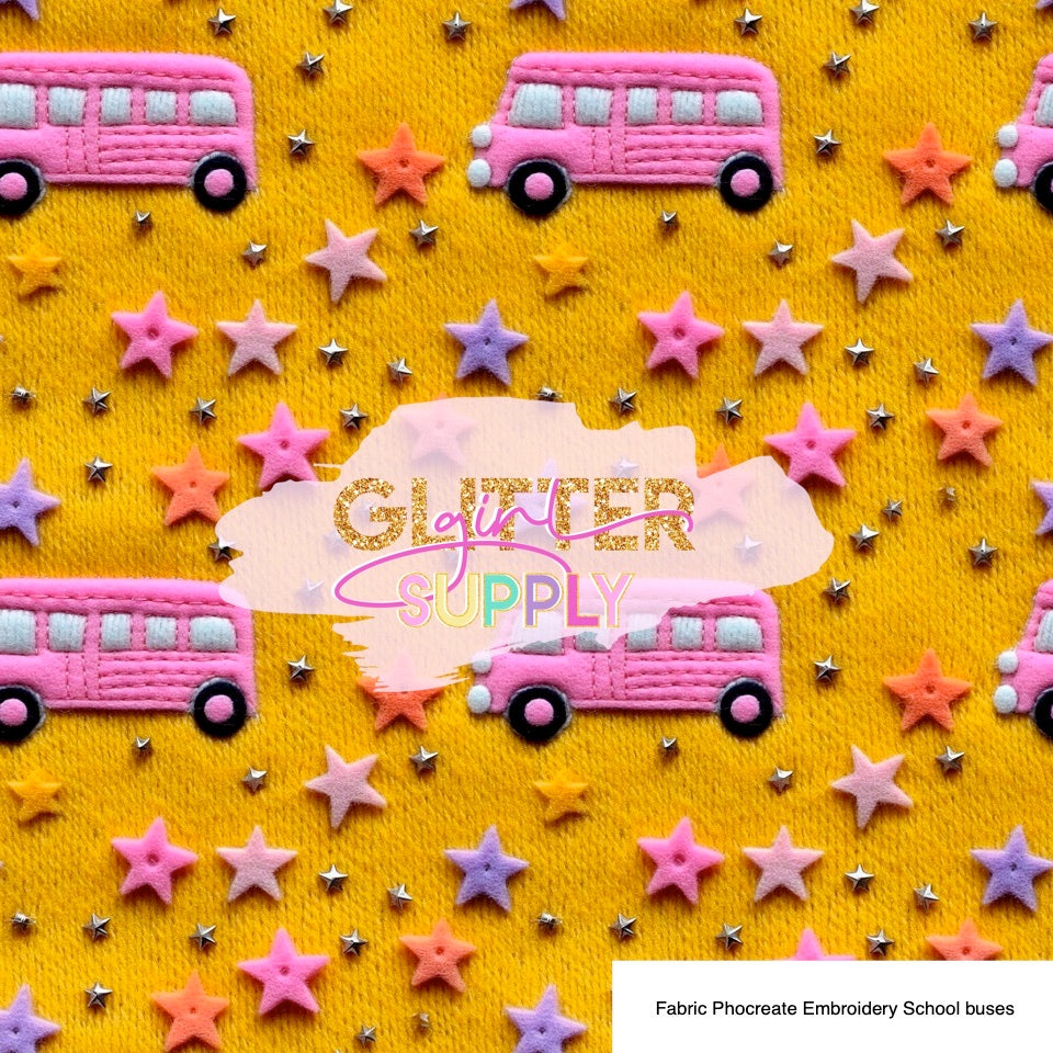 Fabric Phocreate Embroidery School buses Glitter Girl Supply