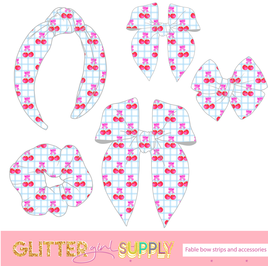 Fable Strips Skyy cherries on blue gingham