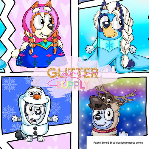 Fabric BohoB Blue dog ice princess comic