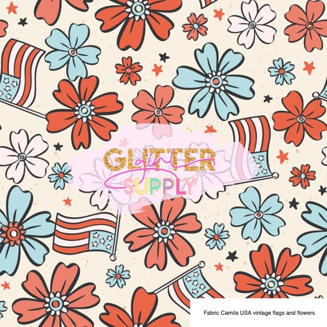 Fabric Camila USA vintage flags and flowers