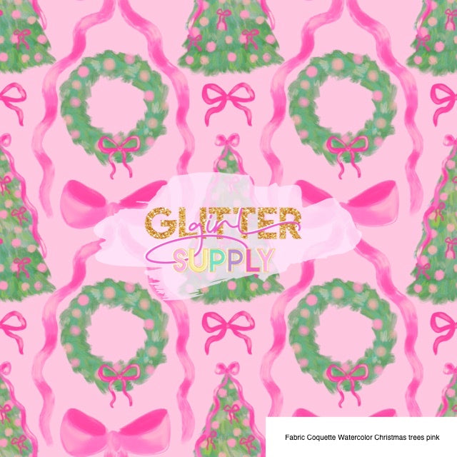 Fabric Coquette Watercolor Christmas trees pink