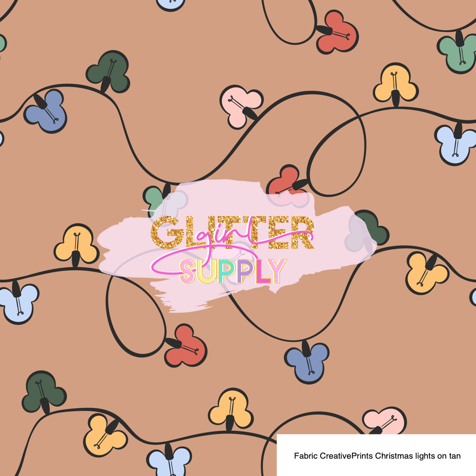 Fabric CreativePrints Christmas lights on tan