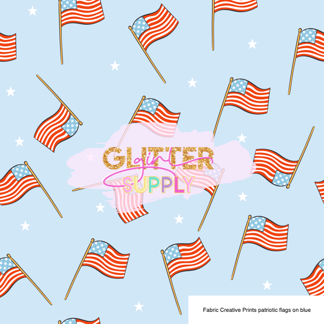 Fabric Creative Prints patriotic flags on blue
