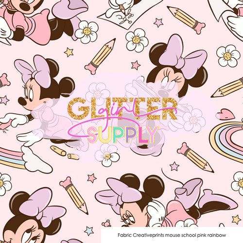 Fabric Creativeprints mouse school pink rainbow