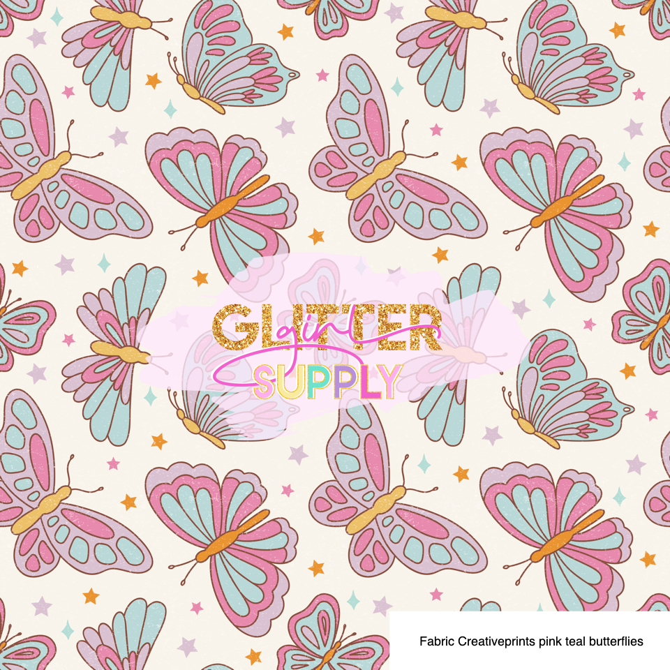 Fabric Creativeprints pink teal butterflies