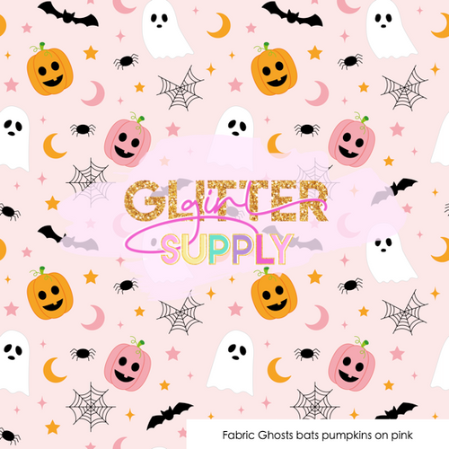 Fabric Ghosts bats pumpkins on pink