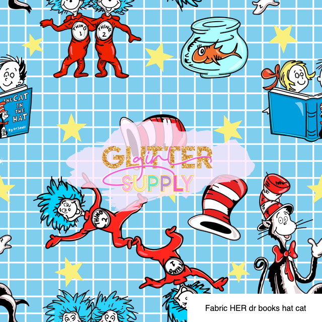 Fabric HER dr books hat cat