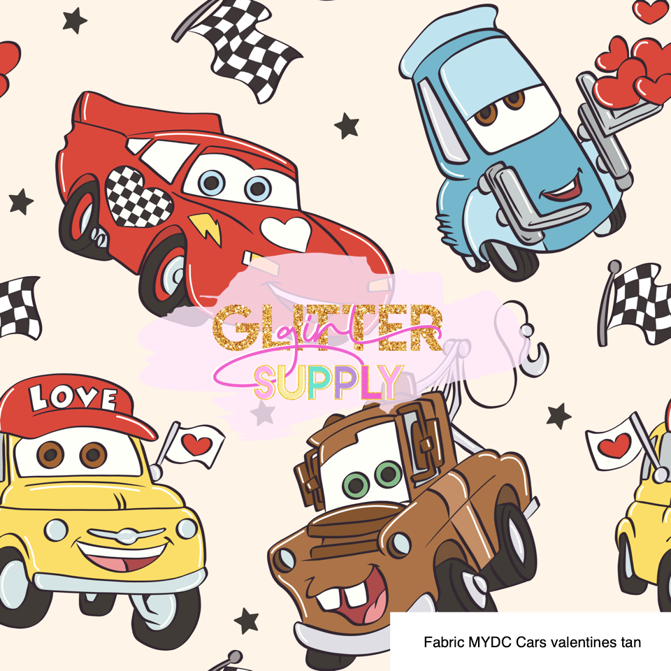 Fabric MYDC Cars valentines tan