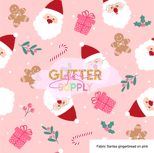 Fabric Santas gingerbread on pink