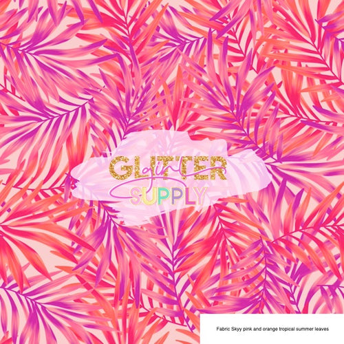 Fabric Skyy pink and orange tropical summer leaves