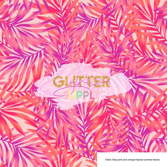Fabric Skyy pink and orange tropical summer leaves