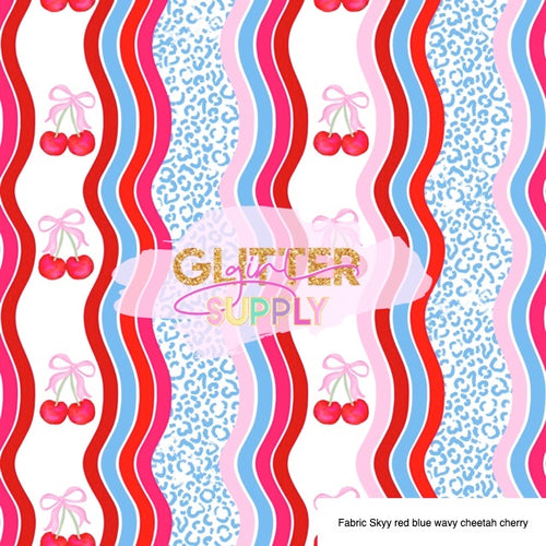 Fabric Skyy red blue wavy cheetah cherry