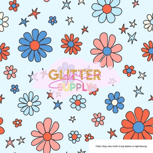 Fabric Skyy retro fourth of july daisies on light blue bg