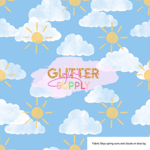 Fabric Skyy spring suns and clouds on blue bg