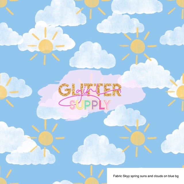 Fabric Skyy spring suns and clouds on blue bg