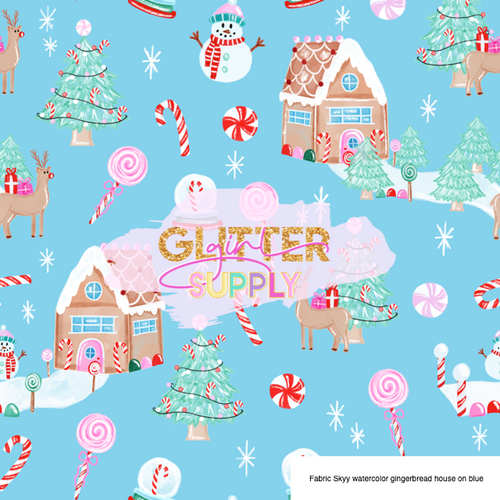 Fabric Skyy watercolor gingerbread house on blue