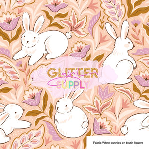 Fabric White bunnies on blush flowers