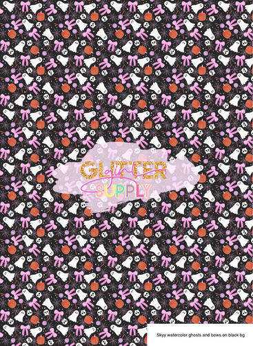 Skyy watercolor ghosts and bows on black bg