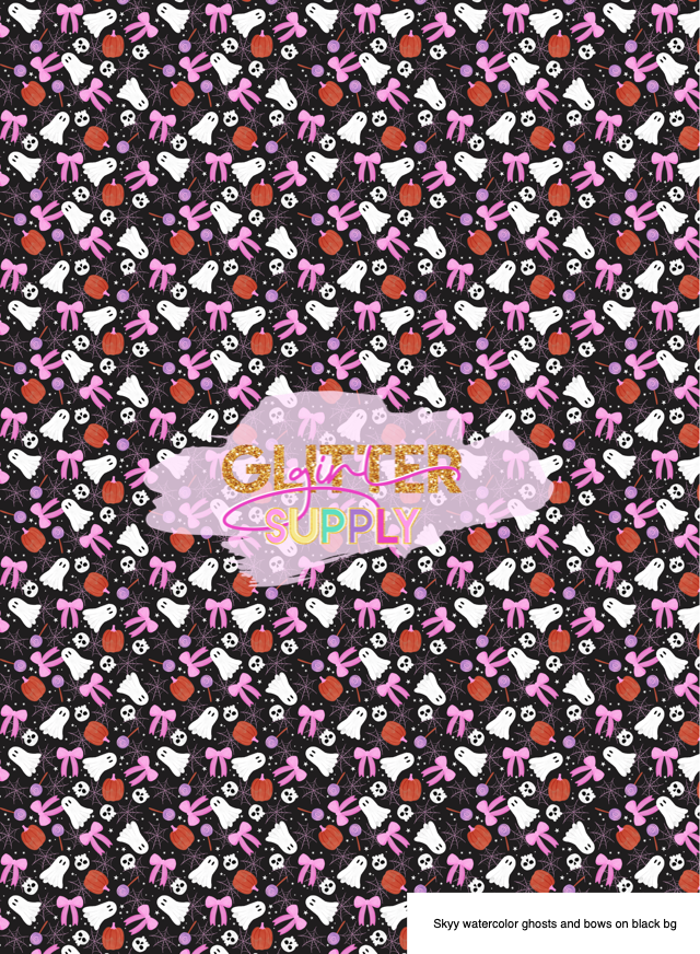 Skyy watercolor ghosts and bows on black bg