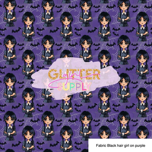 Fabric Black hair girl bats purple