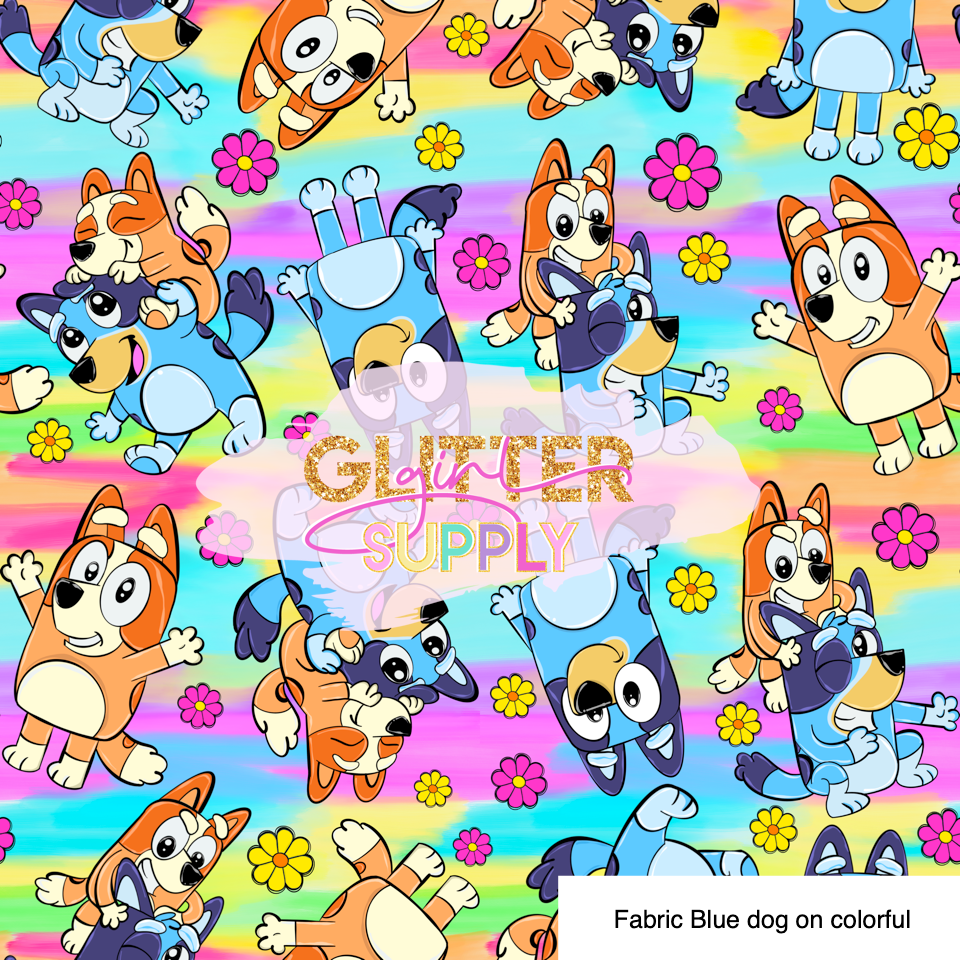 Fabric Blue dog on colorful – Glitter Girl Supply