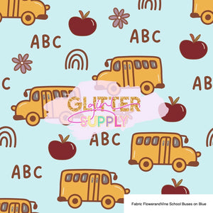 Fabric FlowerandVine School Buses on Blue