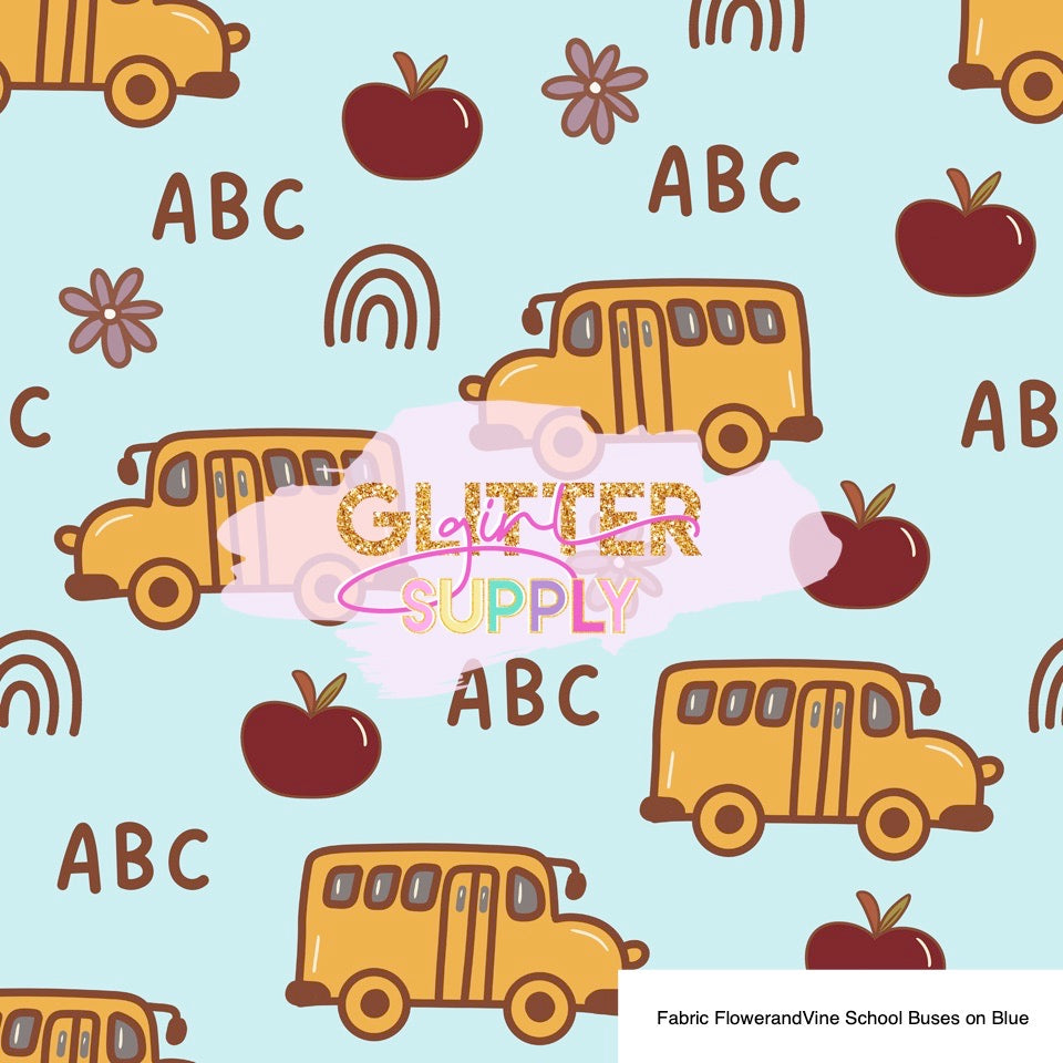 Fabric FlowerandVine School Buses on Blue