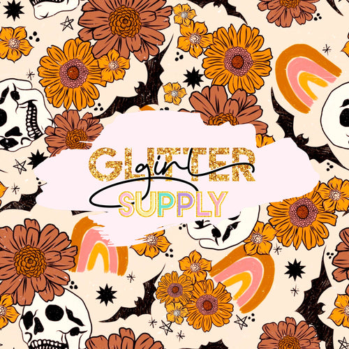 Fabric Golden June Fall skulls and rainbows