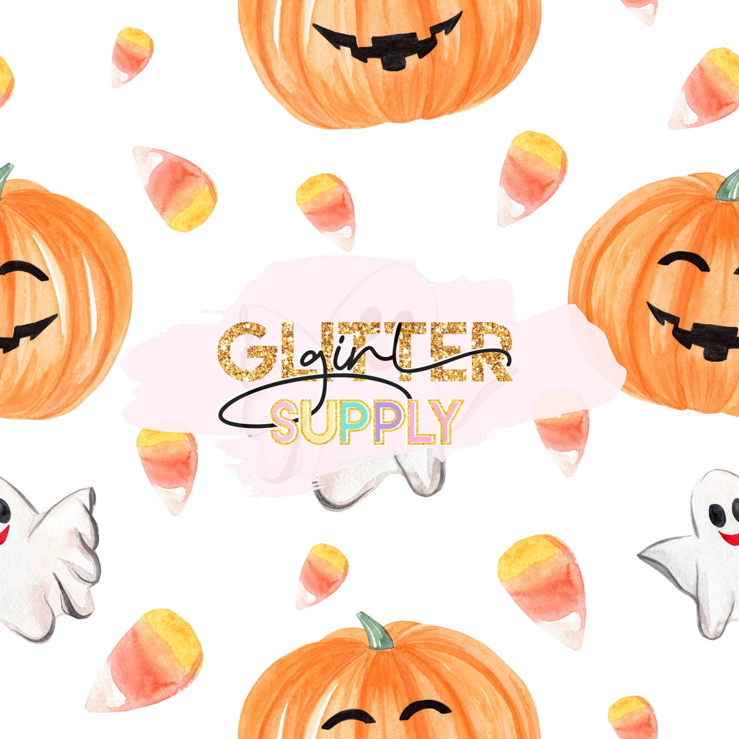 Fabric Halloween pumpkins and ghosts watercolor
